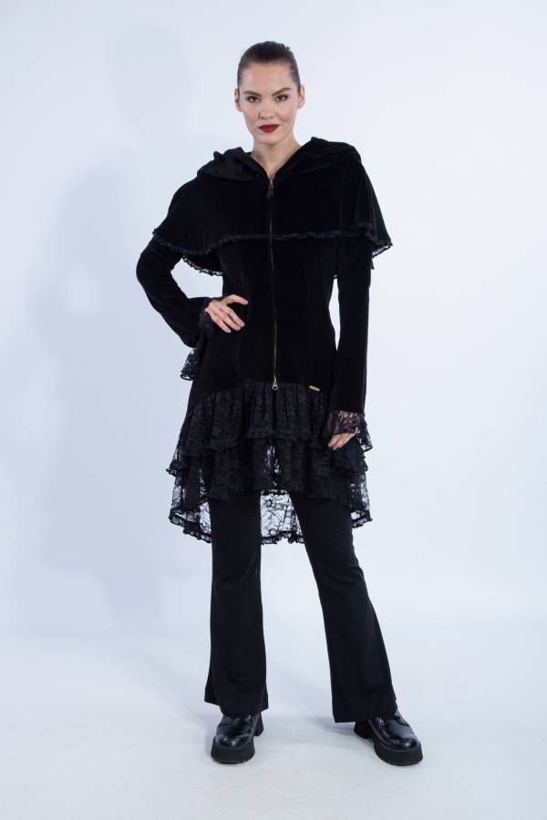 Madalena coat in organic velvet with lace