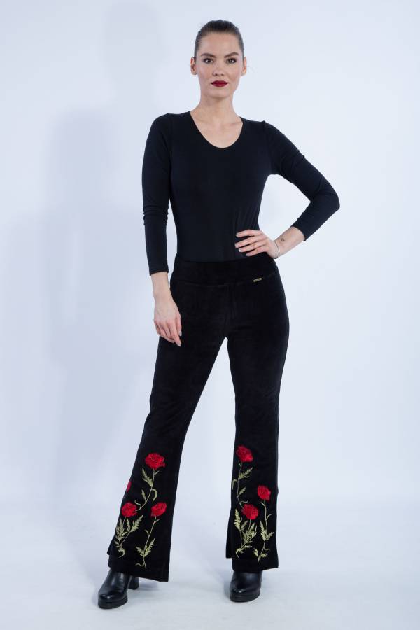 London trousers in organic GOTS velvet with embroidery